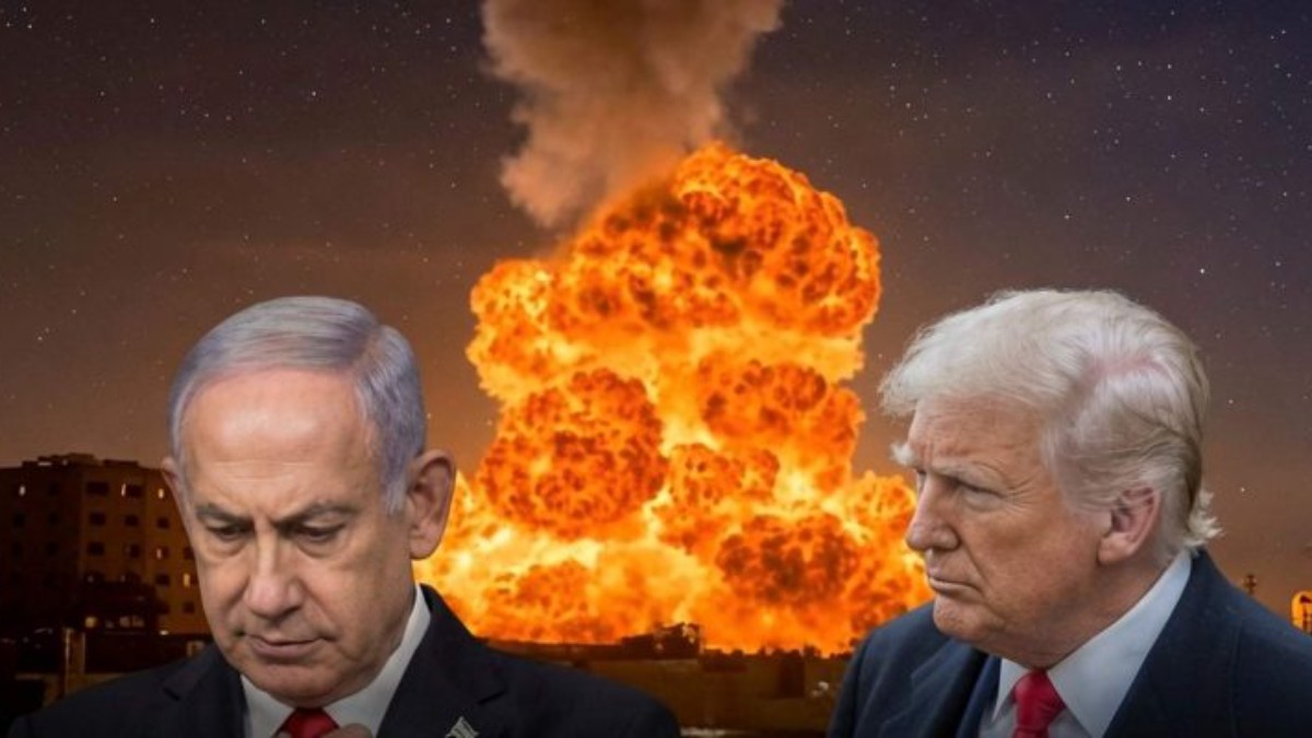 Political leaders discussing Iran Israel conflict with explosion backdrop