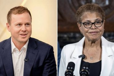 Two candidates in Los Angeles mayoral race counting votes during election night coverage