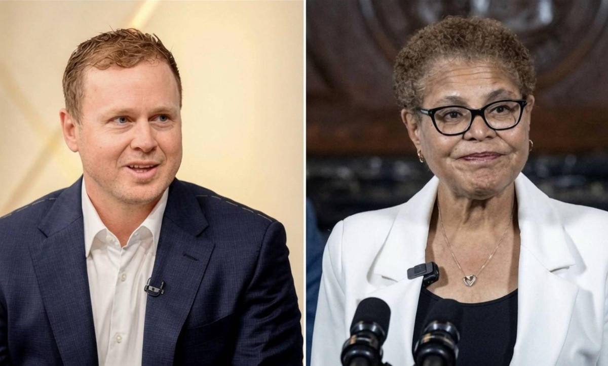 Two candidates in Los Angeles mayoral race counting votes during election night coverage