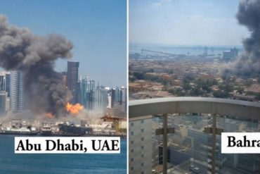 Explosions during Persian Gulf attacks in Abu Dhabi UAE and Bahrain showing smoke and fire from military strikes