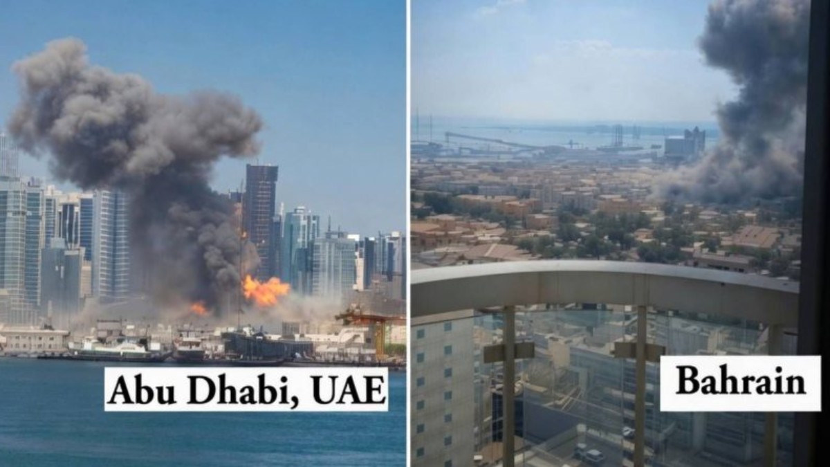 Explosions during Persian Gulf attacks in Abu Dhabi UAE and Bahrain showing smoke and fire from military strikes