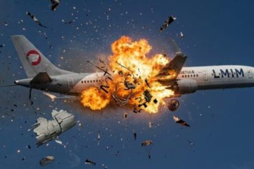 Dramatic illustration of plane crash explosion with 244 dead in catastrophic mid-air disaster