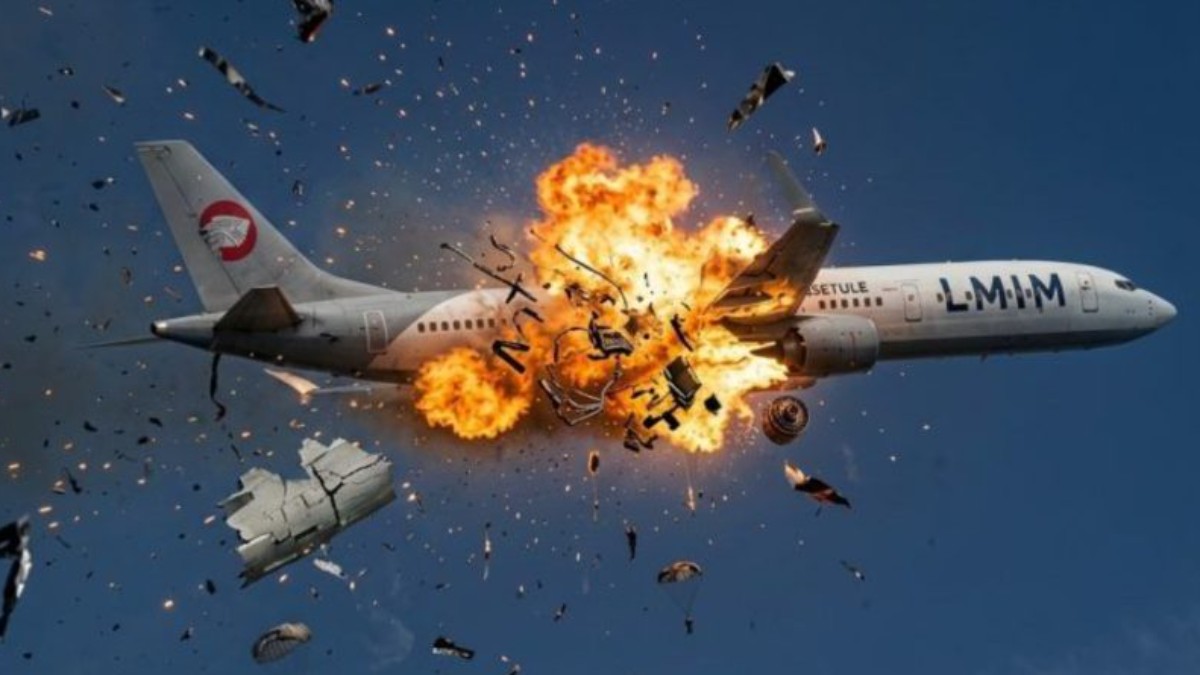 Dramatic illustration of plane crash explosion with 244 dead in catastrophic mid-air disaster