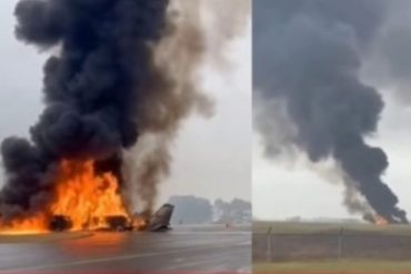Dramatic plane crash scene showing aircraft wreckage engulfed in flames and heavy black smoke on runway