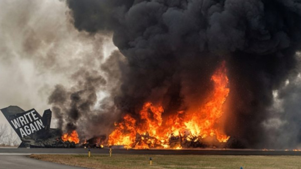 Massive plane crash wreckage engulfed in flames with dark smoke billowing into sky