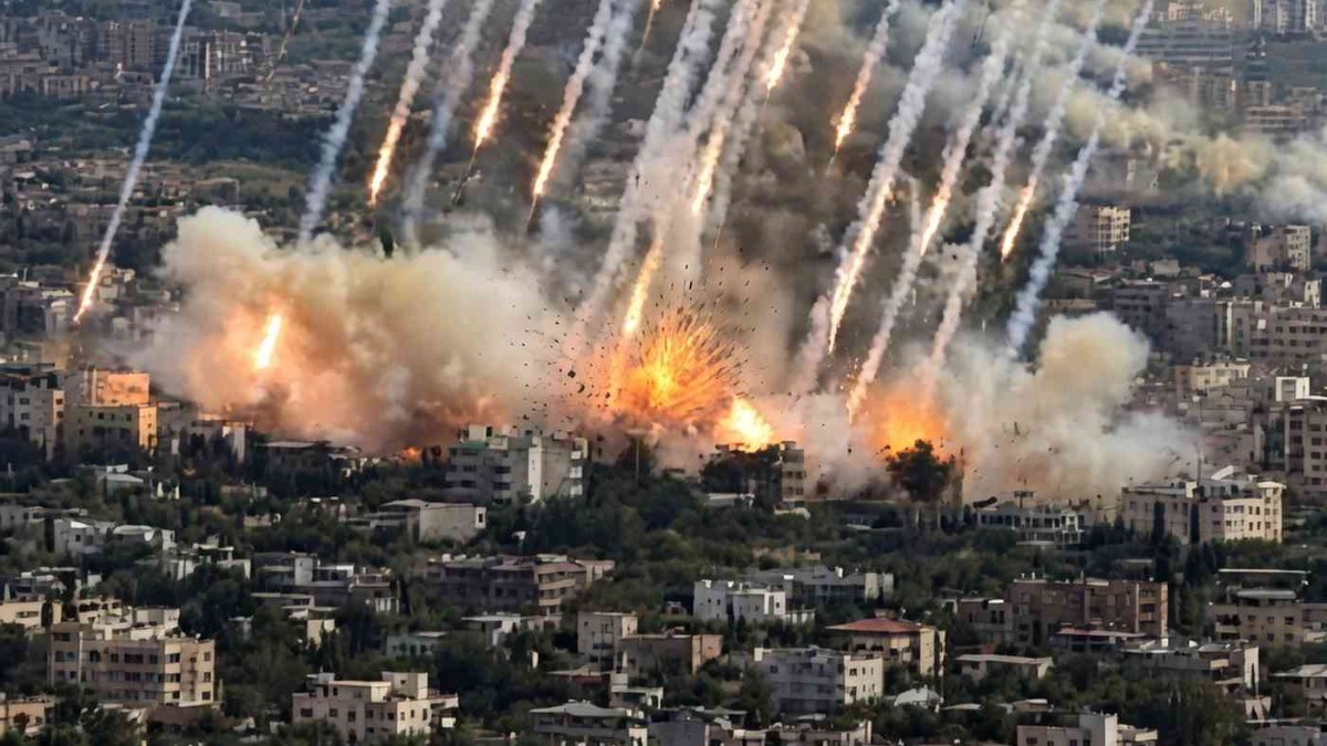 Dramatic rocket attack Los Angeles aerial view showing multiple missiles striking urban area with explosions