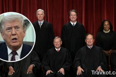 Supreme Court justices in official robes with inset image of political figure regarding Supreme Court immigration ruling