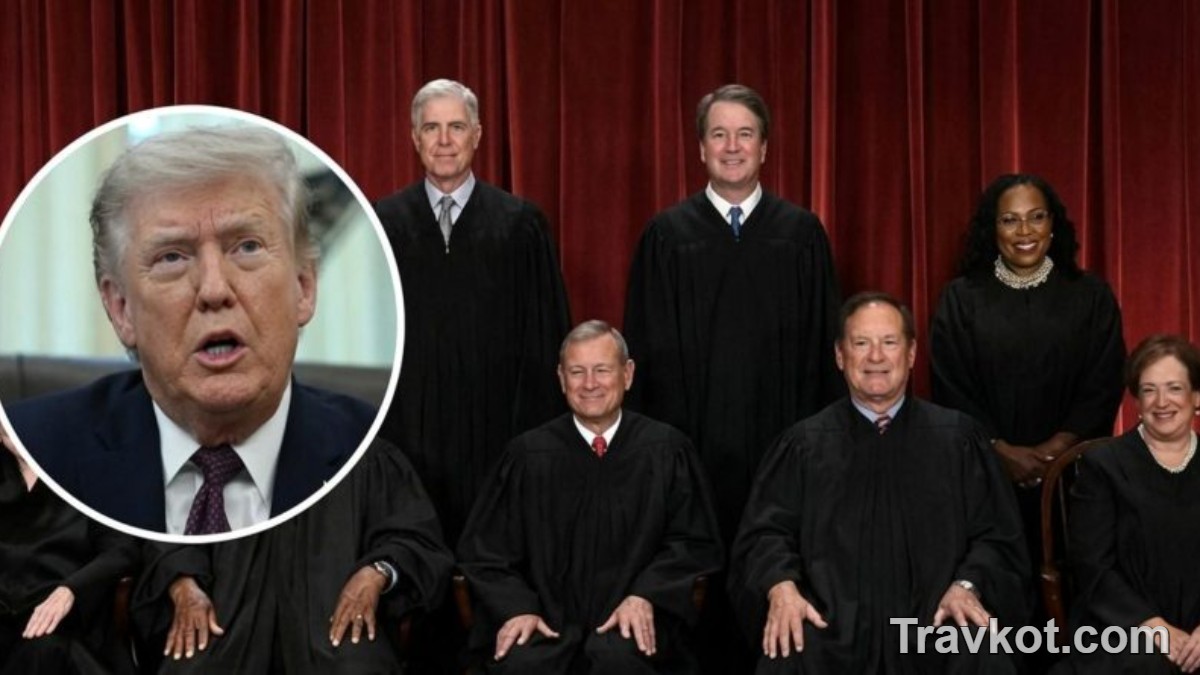 Supreme Court justices in official robes with inset image of political figure regarding Supreme Court immigration ruling