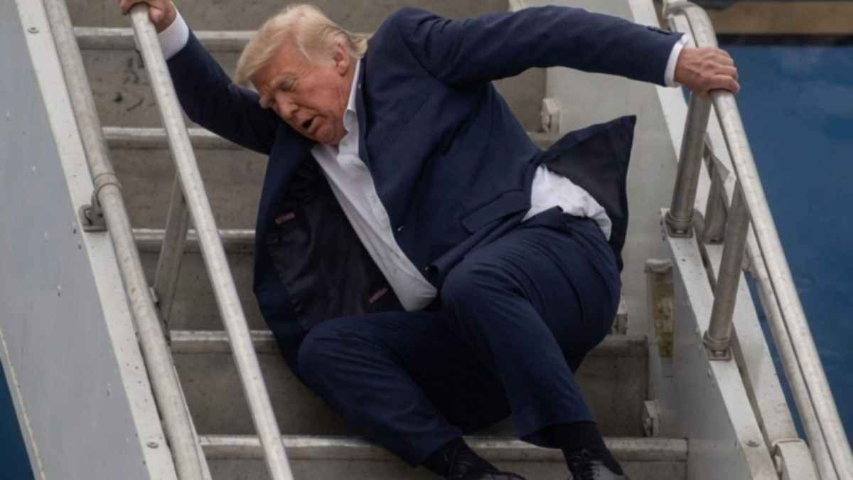 Man in dark suit stumbling on stairs fueling Trump health rumors and speculation