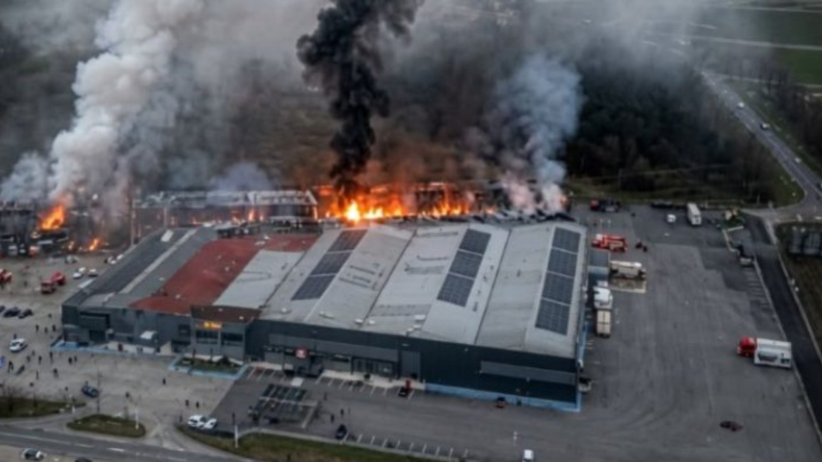 Aerial view of the Violanta biscuit factory fire Greece showing massive flames and smoke billowing from the industrial facility