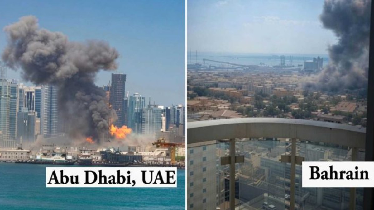 Iranian attack Middle East strikes hit Abu Dhabi UAE and Bahrain with explosions and smoke