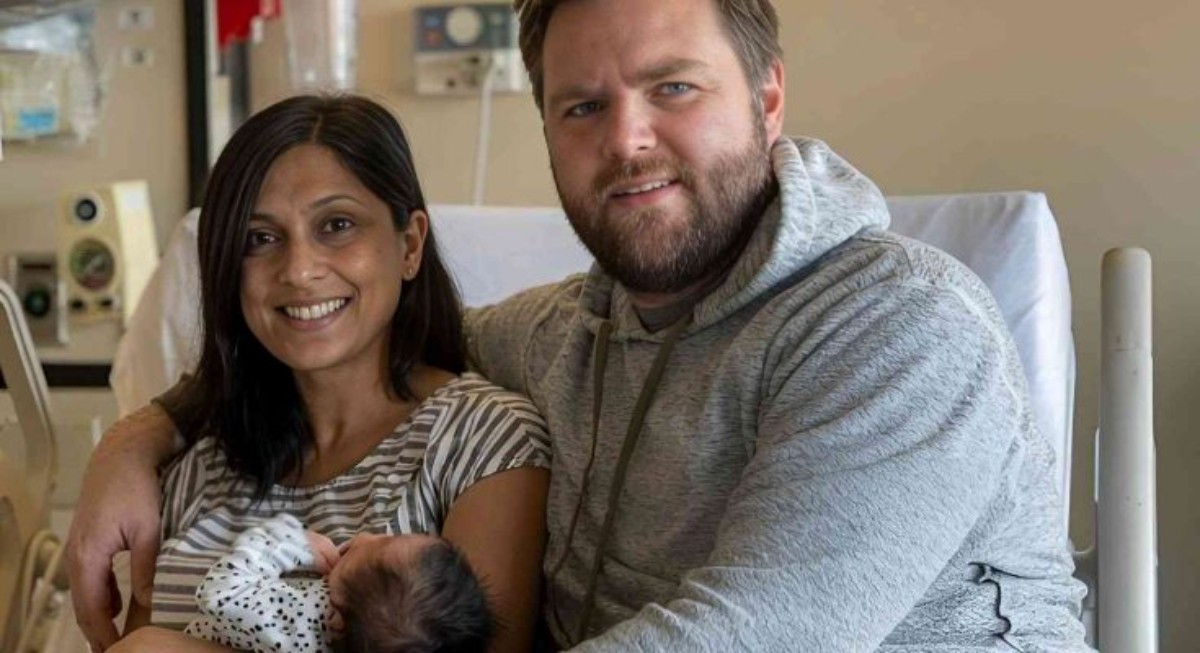 JD Vance family portrait with newborn baby in hospital setting