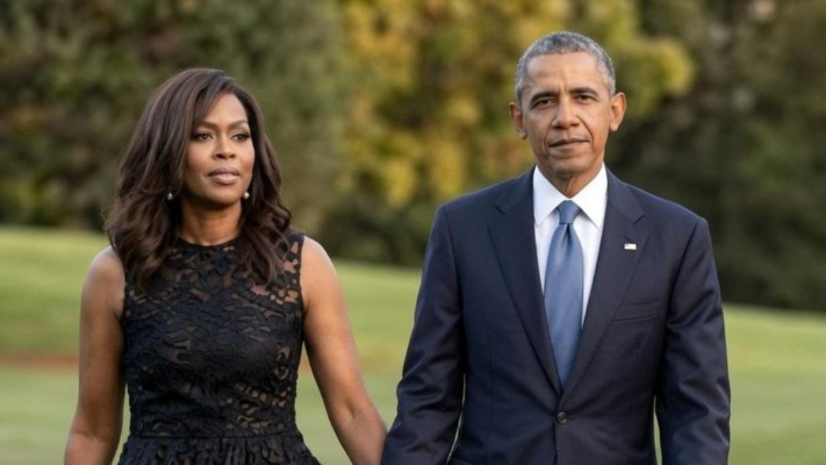 Marian Robinson stands with a man in formal attire on a garden lawn background