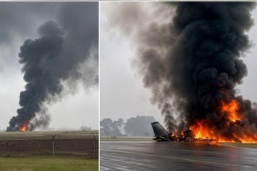Devastating plane crash explosion with massive flames and black smoke billowing from wreckage on airport runway
