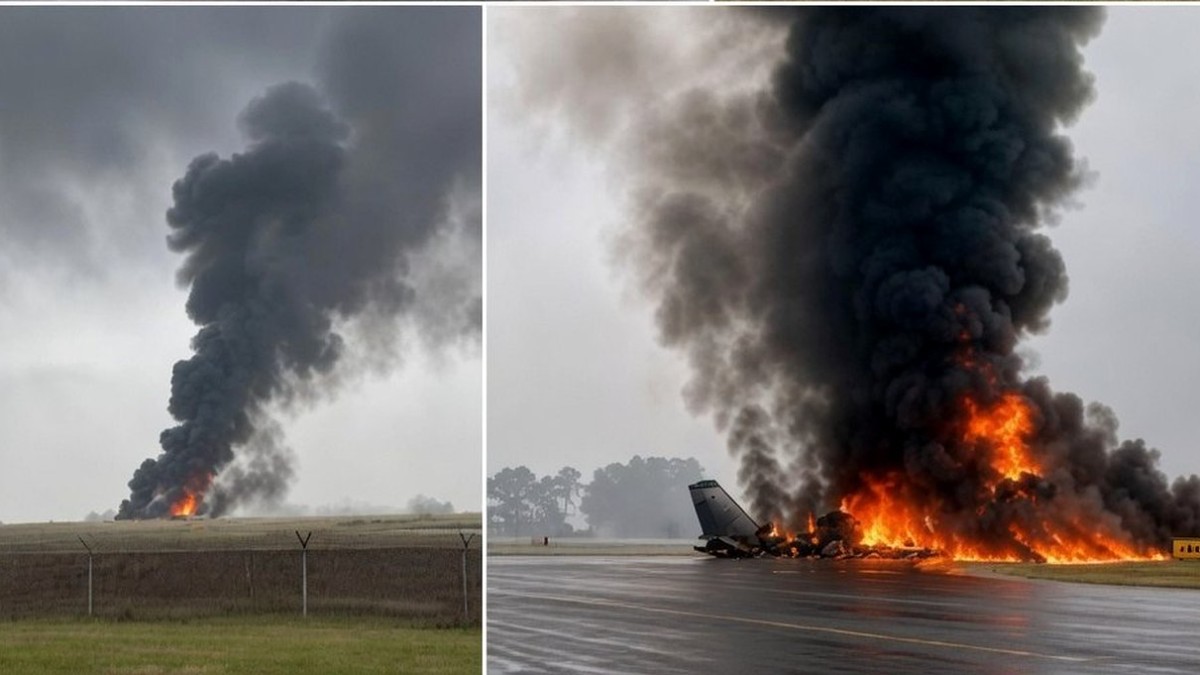 Devastating plane crash explosion with massive flames and black smoke billowing from wreckage on airport runway