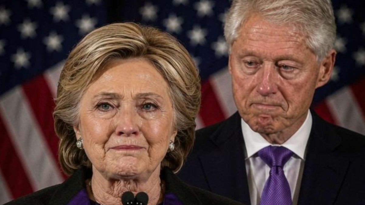 Clinton and Trump at UFC White House event with American flag backdrop